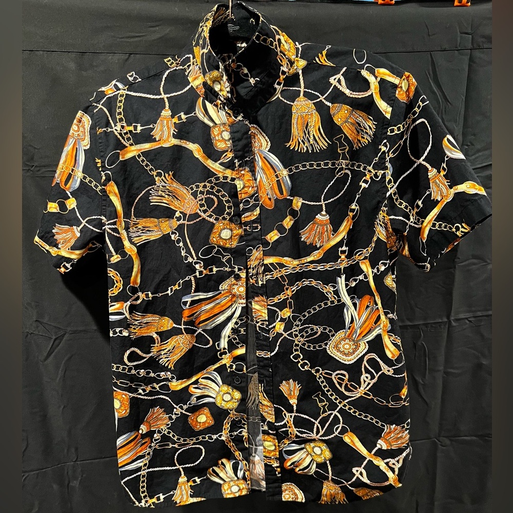 Forever 21 Chain Short Sleeve Button Up Shirt Size Large Men Black & Gold